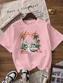 Short-Sleeve T-Shirt With Retro Cityscape And "Carolina" Slogan.  Short-Sleeve T-Shirt For Spring And Summer 2026, Made In Mexico, 180 Grams. Cartoon Print, Couple Design, Suitable For Indoor Or Outdoor Wear. Crew Neck, Unisex, Ideal For Office And Leisure. One-Pack. - PK-P631577SLNDXZGY387 - 查看 4