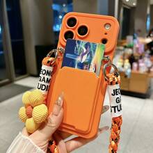 1pc Puff Flower Braided Lanyard Card Holder Phone Case Suitable For IPhone 16 Pro Max, 17, 14, 15 Soft Woven Crossbody Strap Card Holder With Lanyard - Orange - View 3