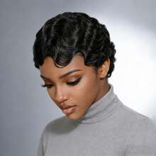 Elegant Finger Wave Bob Wig, 100% Virgin Human Hair Deep Wave 150% Density Elastic Cap For Women, Natural Beautiful Versatile Styling, Suitable For All Skin Tones, Easy To Maintain Natural Effect - Natural Black - View 3