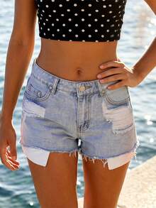 Women's Slim Ripped Denim Shorts Mid Rise Distressed Jean Shorts Frayed Hem Summer Bottoms - Light Blue - View 2
