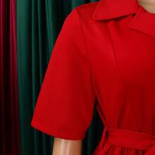 Nuevo 2026 Vestido Mujer Verano Cuello Solapa Manga Corta Color Sólido Cintura Alta Acampanado - Rojo - Ver 4
