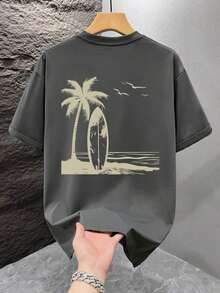1 pieza Camiseta de hombre con estampado gráfico, ropa de playa de verano, camiseta de manga corta de corte holgado. Esta camiseta de hombre tiene un diseño casual y de estilo vacacional, muy adecuada para escapadas a la playa, así como para uso diario. - Gris Oscuro - Ver 2