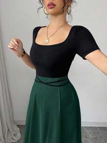 Vestido de mujer qipao elegante y entallado a la cintura, con manga corta, cuello cuadrado, diseño de lazo en la cintura y estampado floral de estilo chino novedoso - Multicolor - Ver 5