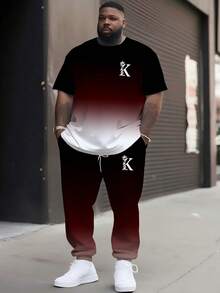 [Plus Size Men's Exclusive] Black-Blue-White Gradient K Letter Print Short Sleeve & Drawstring Pants Set, Loose Fit Slimming High-End Fashion Casual Sports 2-Piece Outfit, Round Neck Tee With Drawstring Sweatpants - Burgundy - View 2
