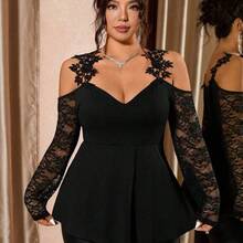 Cravure Plus Size Women's New Black Sleeveless Cold Shoulder T-Shirt, Mesh Lace Sleeve Patchwork, Embroidered Strap, Elegant Black Top, Sexy And Slimming, Fashionable And Refined For Daily Outings, Dates, Gatherings/Parties, Bars, Suitable For Autumn And Spring - Albaricoque - Ver 2