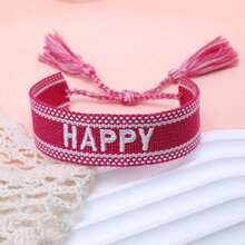 1pc Handmade Embroidered "HAPPY" Letter Woven Bracelet, Suitable For Friends, Family, Festivals, Parties, Travel, Casual Bohemian Style, Beach Vacation, Friendship Bracelet - Hot Pink - View 3