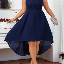 Cravure Plus Size Women Contrast Lace Round Neck Sleeveless High-Low Hem Elegant Dress - Negro - Ver 7