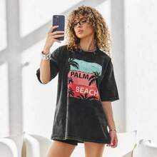 Nueva camiseta vintage lavada para mujer, de manga corta, corte ajustado, de algodón puro, estilo retro lavado, hombros caídos, longitud media, corte holgado. - Negro - Ver 2