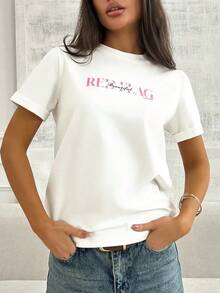 Camiseta de manga corta 100% algodón, estilo europeo y americano de verano, única y versátil, cómoda, con estampado moderno, corte holgado, top favorecedor para mujer. - Blanco - Ver 1