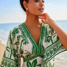 Retro Tropical Print V-Neck Casual Dress, Fall  Clothes, New Year, Wedding Guest Outfits, Elegant Graduation, Luxury Prom Dress, Casual Outfits - Verde - Ver 6