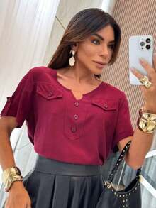 WOMEN'S T-SHIRT WITH BUTTONS ON THE FRONT AND SLEEVES - Burgundy - View 7