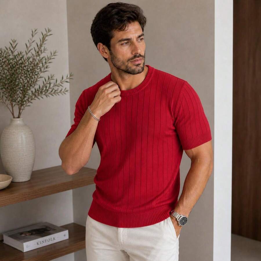 Men's Lightweight Textured Knit T-Shirt, High Quality Premium Spring/Summer 26 - Red - View 1