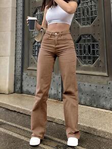 Jeans de cintura alta, unicolor, de corte y ajustado, de estilo minimalista y versátil para mujer, aptos para uso casual, viajes, citas, todas las estaciones, vuelta al colegio, Pascua, Día de la Independencia, Carnaval, Navidad, primavera - Café oscuro - Ver 1