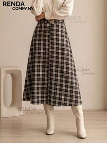 Women's Tailored Plaid Midi Skirt, High Waist With Leather Belt, Elegant Look, For Autumn And Winter (São João Festival). - màu đen - Xem 1