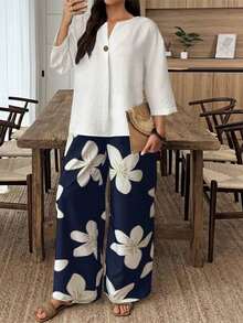 Conjunto de camisa de unicolor y pantalones con estampado floral para vacaciones - Multicolor 2 - Ver 3