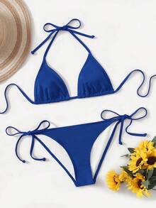 Women's Simple Solid Color Swim Bikini With A Halter Neck And Cutout, Suitable For Beach Vacations And Summer. - Blue-green Water - View 3