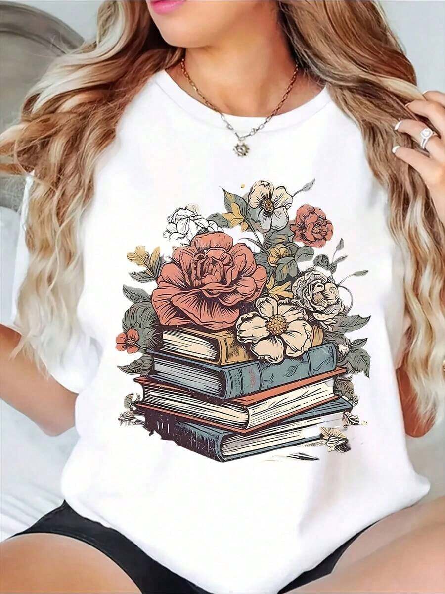 1 camiseta con diseño gráfico de libros apilados y flores para entusiastas de la lectura y amantes de los libros, con elegantes flores y temática literaria, perfecta para uso casual y eventos literarios. Es una camiseta ideal para regalar a amigos y familiares en cualquier día festivo u ocasión especial, 180g 100% algodón. - Blanco - Ver 1