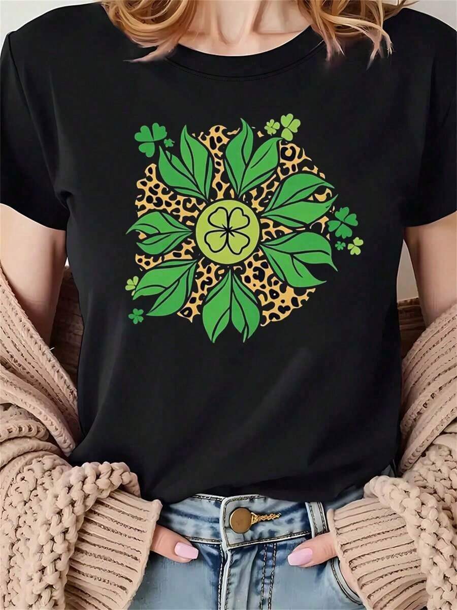 1 camiseta de mujer, 100% algodón, transpirable, camiseta con estampado de leopardo y trébol de cuatro hojas para el Día de San Patricio, camiseta casual de manga corta y cuello redondo para mujer, ropa casual de uso diario, regalo para las fiestas, ropa para el Día de San Patricio, temática irlandesa de la suerte, una opción popular para el verano. - Negro - Ver 1