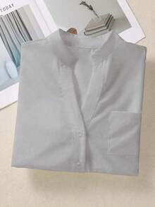 Camisa de mujer de unicolor con cuello en V y botones - Blusa casual y elegante de manga larga con detalle de bolsillo, adecuada para vacaciones, viajes y uso diario, artículo esencial para todas las temporadas de primavera - Gris - Ver 8