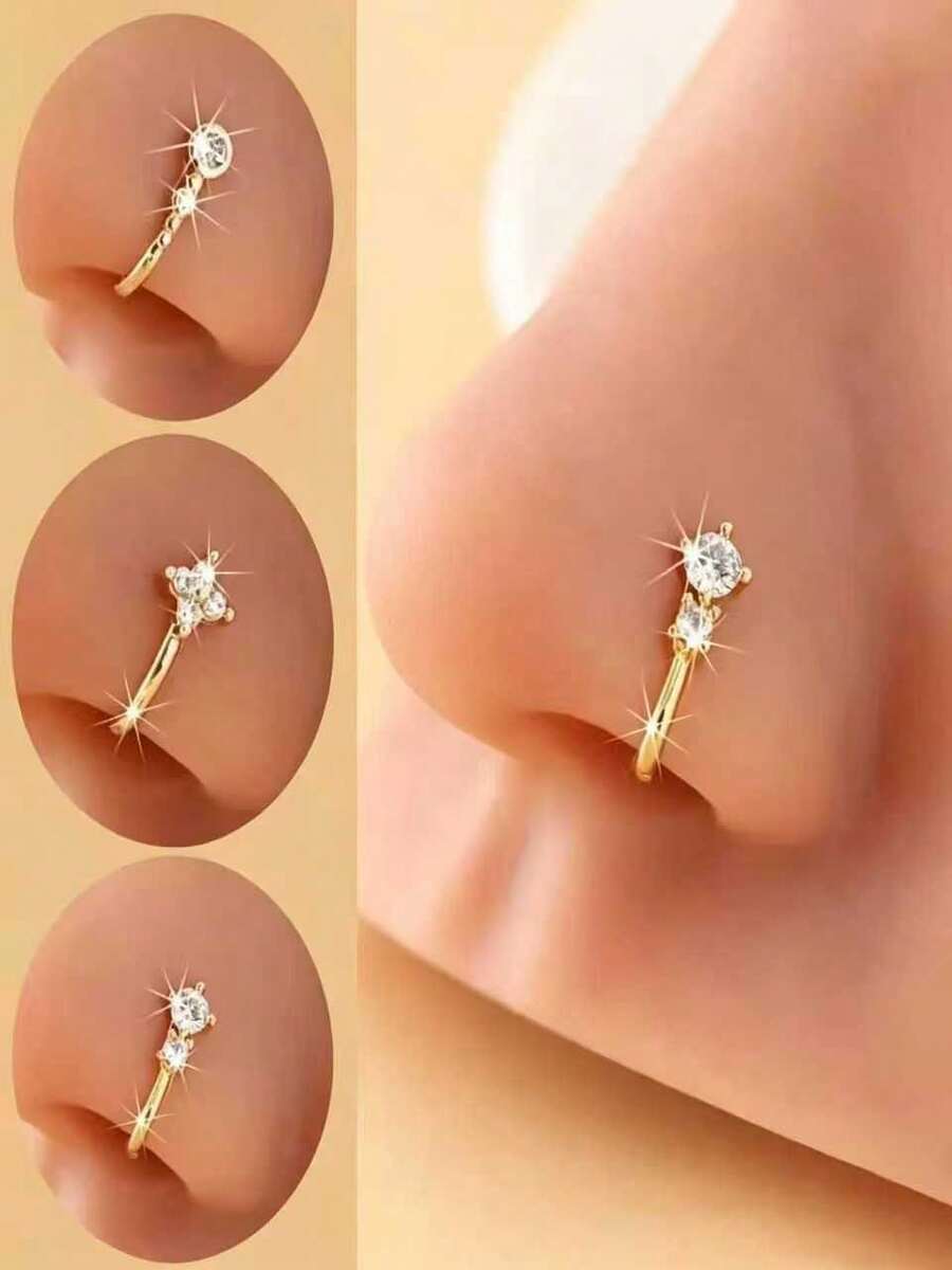 Bộ 3 chiếc khuyên mũi phong cách Bohemian đính đá CZ đôi sáng bóng, mạ vàng, làm từ thép không gỉ không gây dị ứng, thích hợp đeo hàng ngày và trong các dịp lễ. - Vàng - Xem 1