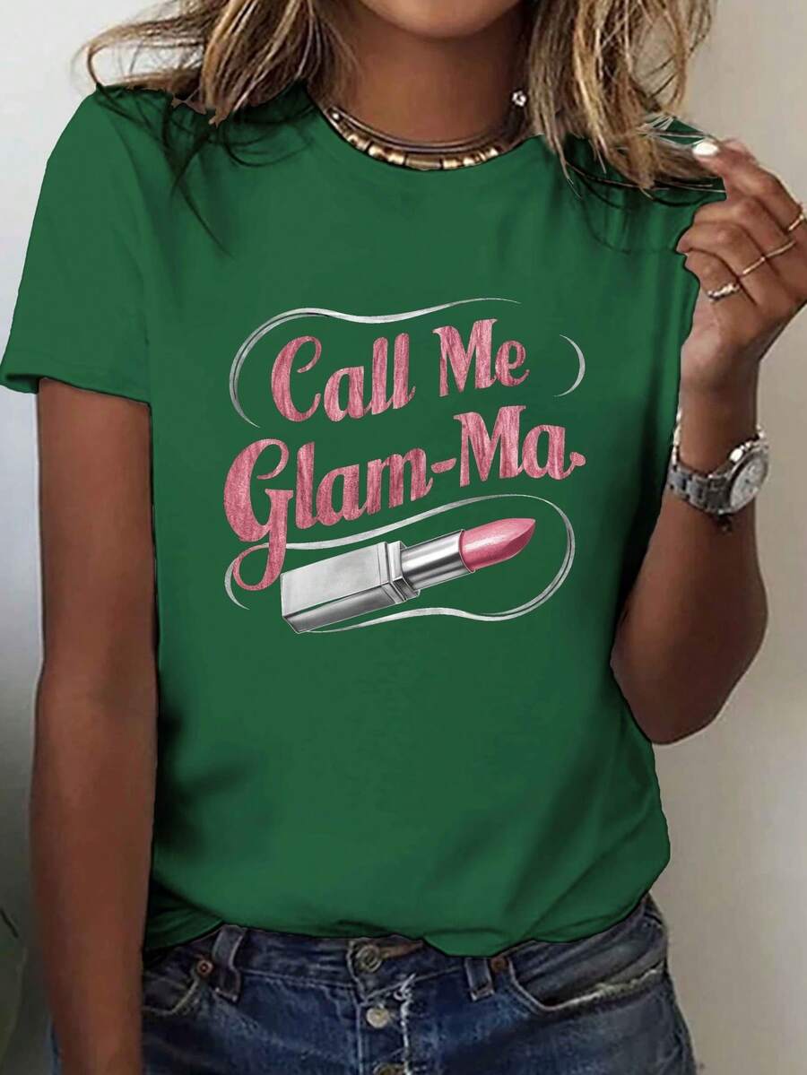 Camiseta GLAM ME con estampado de labial "Call Me Glam Ma", manga corta, cuello redondo, top casual para verano y primavera, ropa de mujer - Verde - Ver 1