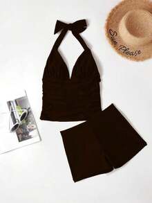 Swim Basics Conjunto de tankini de color liso y sencillo con cuello halter para vacaciones de verano en la playa - Marrón - Ver 6