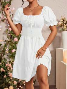 Vestido de manga abullonada con volantes y nudo delantero para el verano, ropa para Año Nuevo - Blanco - Ver 4