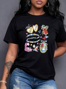 Colorful Motifs Depicting A Magical World With Clocks, Rabbits, Mysterious Smiles, And Hearts That Evoke Fantastic Adventures. Comfortable And Fashionable Casual Short-Sleeved T-Shirt For Women. - 黑色 - 查看 6