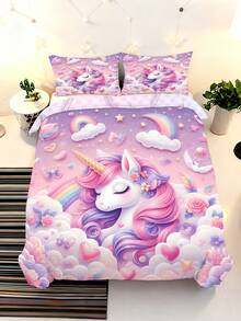 2/3件夢幻睡眠獨角獸被套組，3D馬卡龍彩虹雲朵花卉兒童床上用品含枕套，柔軟兒童臥室裝飾寢具組 (單人/雙人/大號/特大號) - 彩色 - 查看 4