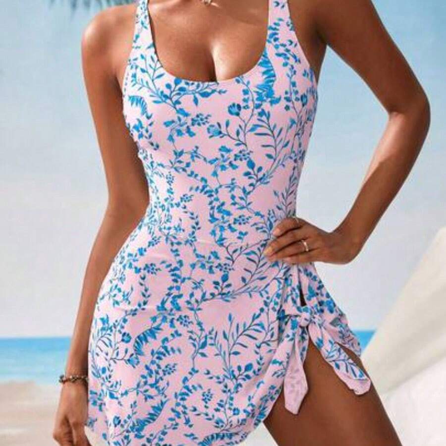 1pc Women's Resort Beach Floral Print One-Piece Swimsuit For Summer Beach Vacation - Rosa Pálido - Ver 1