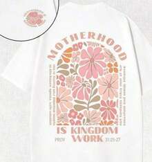 Tops2026 Summer T-Shirts: Retro Washed Gray T-Shirt With Double-Sided Print (230g Pure Cotton T-Shirt) With Christian Graphic Design "Motherhood Is A Kingdom Work" And Proverbs 31:25-27 And Floral Design. Comfortable And Fashionable T-Shirt, Urban Style, Cotton, Loose And Comfortable, Vacation Wear For Women. - 白色 - 查看 6
