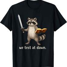 Funny Raccoon Warrior Teacher Meme We Test At Dawn Test Day T-Shirt - Black - View 1