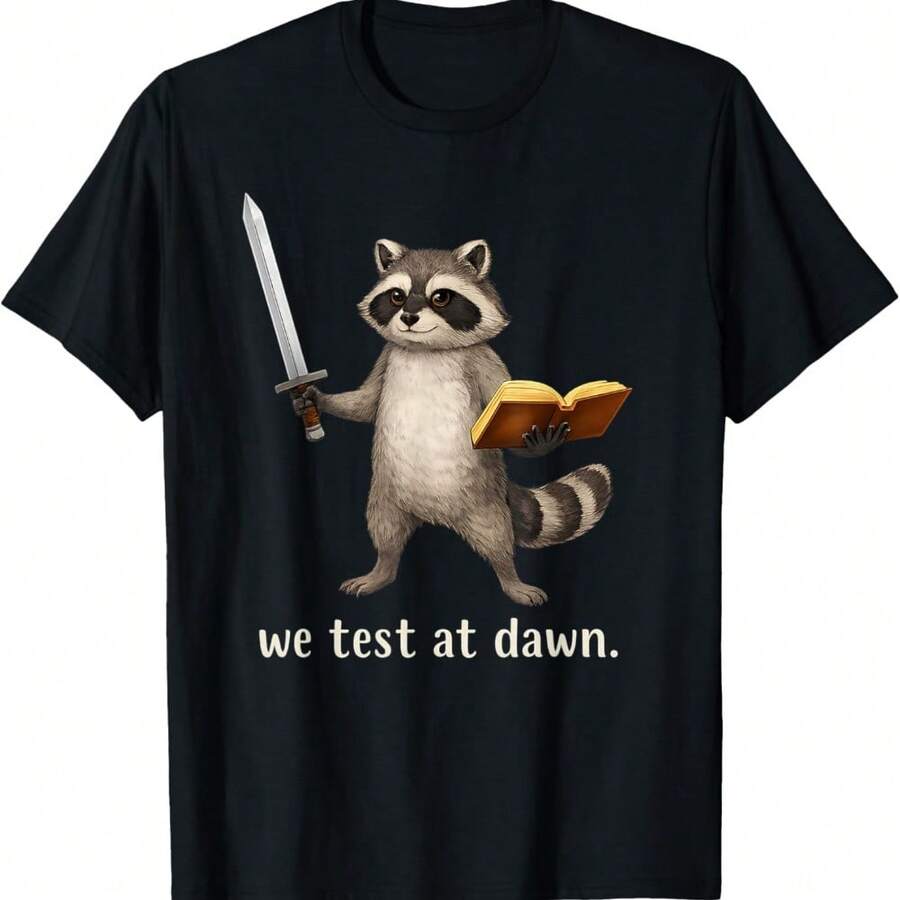 Funny Raccoon Warrior Teacher Meme We Test At Dawn Test Day T-Shirt - Black - View 1