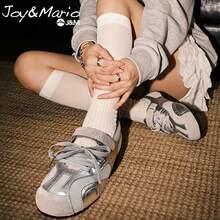 joy&mario 1雙女款銀色瑪麗珍芭蕾平底休閒鞋,輕量透氣拼色休閒鞋,魔鬼氈與繫帶設計,適合日常穿著與街頭風格 - J&M - 銀色 - 查看 2