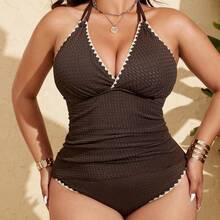 Swim Lushore Plus Size Women's Black V-Neck Adjustable Strap V-Neck Tankini Swimsuit, Fashionable Beach Resort Swimming Attire For Summer - Marrón Mocha - Ver 4