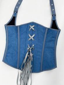 1 chiếc áo corset da PU cổ yếm phong cách punk dành cho nữ, đai nịt eo giúp thon gọn vòng eo. - Màu xanh lam - Xem 5
