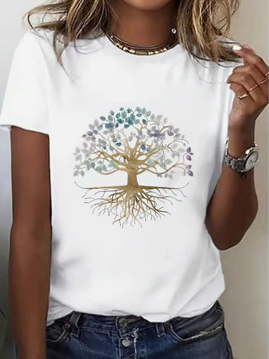 Camiseta casual de talla para mujer con estampado del Árbol de la Vida, cuello redondo y manga corta, cómoda y transpirable para uso diario, camiseta casual espiritual de naturaleza y árbol - Blanco - Ver 1