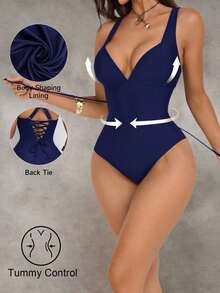 Traje de baño de una pieza con control de abdomen y push-up, con parches de color marrón, cordón de ajuste elegante y sexy, para fiestas y piscina - Azul marino - Ver 3