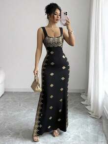 YHHSHEIN Raffinéa Vestido de verano nuevo para mujer, dorado brillante y negro, con cuello cuadrado, tirantes de espagueti, espalda descubierta, bajo con abertura, ajustado de cintura alta, adecuado para fiestas, bodas, banquetes de negocios, ocasiones diarias, galas, fiestas de boda y atuendos festivos. YHH - Negro - Ver 5