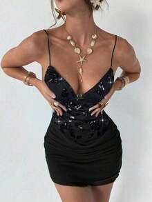 Nuevo vestido camisero romántico y sexy con cuello en pico, contraste de malla brillante y shorts, mini vestido anti-destellos - Negro 2 - Ver 5