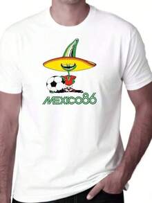 La imagen presenta un personaje con sombrero mexicano sosteniendo un balón de fútbol, representando el mundial Mexico 86. Un diseño clásico para los aficionados del fútbol y la cultura mexicana. camiseta de hombre 100% algodón para un look deportivo y casual. Ropa De Mujer / Ropa De Mujer De Uso Diario / Blusas, Camisas Y Camisetas De Mujer / Camisetas De Mujer Ropa Deportiva Basicos Mujer Short Playeras Para Hombre - Blanco - Ver 8