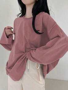 Camiseta holgada casual de primavera/verano para mujer con estampado de eslogan, cuello redondo y mangas largas con hombros caídos - Rosa - Ver 4