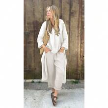 Conjunto de 2 piezas para mujer primavera algodón lino blusa holgada y pantalones de talle alto talla grande  moda - Blanco - Ver 8