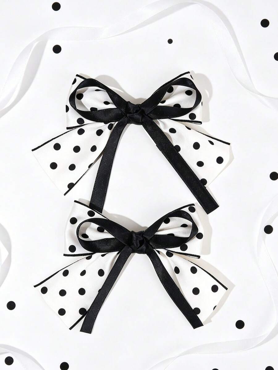 2pcs Black Polka Dot Bow Hair Clips, Silk Fabric Minimalist Style Alligator Clips, Cute Hair Accessories Suitable For Daily Casual And Summer Vacation Outfits, Mother's Day Gift, Teens - Multicolor - View 1