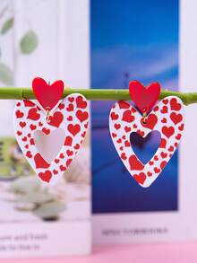 1 Pair Fashion Red & White Polka Dot Heart Pattern Acrylic Heart & Teardrop Dangle Earrings, Suitable For Daily Wear - Red - View 2