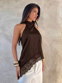 Camiseta sin tirantes versátil y sexy con encaje y parches, diseño asimétrico y espalda descubierta, nueva colección primavera/verano, material de satén casual - Marrón - Ver 2
