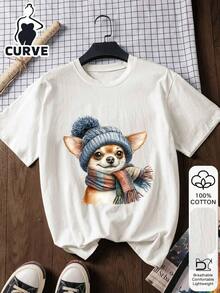 Blusa de manga corta de algodón 100% con estampado de perro para mujer de talla grande, camiseta gráfica, tela suave, ropa de algodón, blusa para exteriores, estampado impreso, camiseta de verano para mujer, blusa, ropa de verano, atuendo de vacaciones, estilo de viaje, ambiente de playa, atuendo minimalista de resort en color blanco Blusas para mujer Ropa deportiva estilo Y2K, cuello redondo, 100% algodón, tejido suave, manga corta. - Blanco 4 - Ver 5