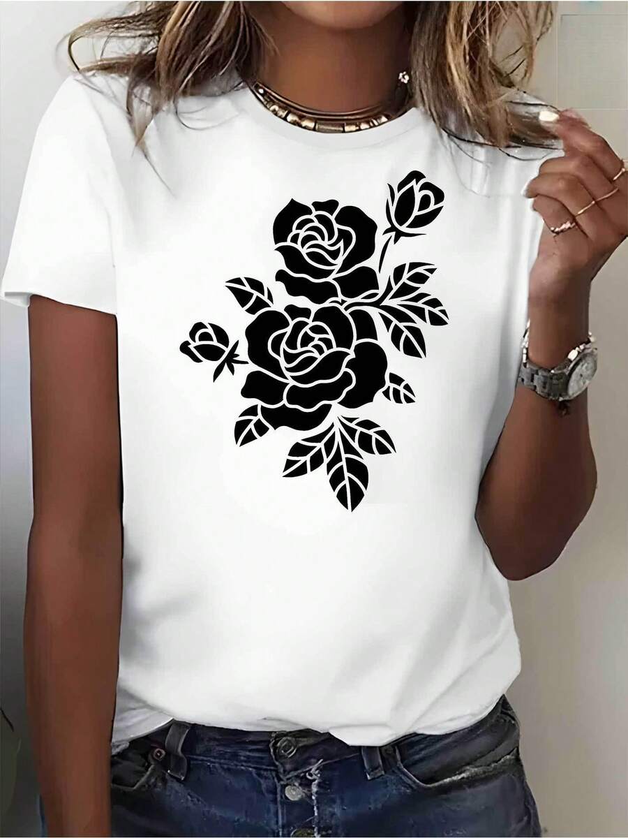 1 camiseta sueltara mujer - Gráfica floral de rosas negras y blancas, transpirable para uso diario y formal, i para todas las estaciones, camiseta casual para mujeres, regalo perfecto para cumpleaños o mudanza, camisetas para mujeres, ropa versátil, diseño elegante, material cómodo, camiseta de manga corta, amantes de la moda, regalo de vacaciones, estampado geométrico, material suave, camiseta impresa, moda femenina