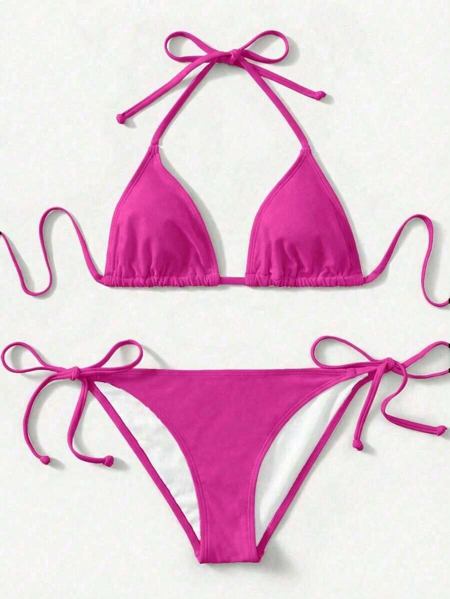 Women's Simple Solid Color Swim Bikini With A Halter Neck And Cutout, Suitable For Beach Vacations And Summer. - Fuchsia Pink 2 - View 1