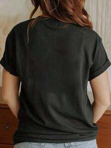 1 pieza - Camiseta de Mujer con Estampado Gráfico "Corre como el Sr. Collins, acaba de proponerlo", Manga Corta, Cuello Redondo, Top Casual para Verano y Primavera, Ropa de Mujer, 180g, 100% Algodón - Negro - Ver 2